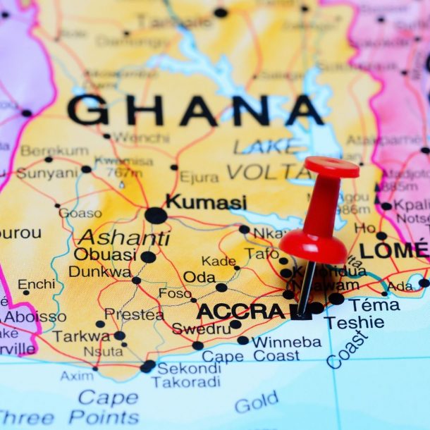Map of Ghana with a pin in Accra, Ghana's capital