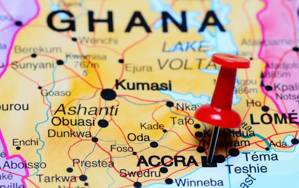 Map of Ghana with a pin in Accra, Ghana's capital